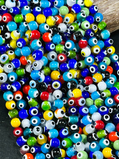 Beautiful Colorful Evil Eye Glass Beads 10mm Round Beads, Beautiful Multicolor Rainbow Evil Eye Amulet Glass Beads, Full Strand Glass Beads