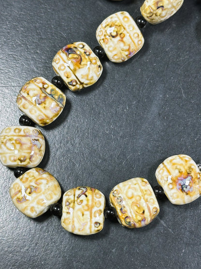 Beautiful Hand Painted Porcelain Beads, 22x20mm Unique Hand Painted Beige Porcelain Square Shape Beads, Gorgeous Beige Porcelain Beads 8"