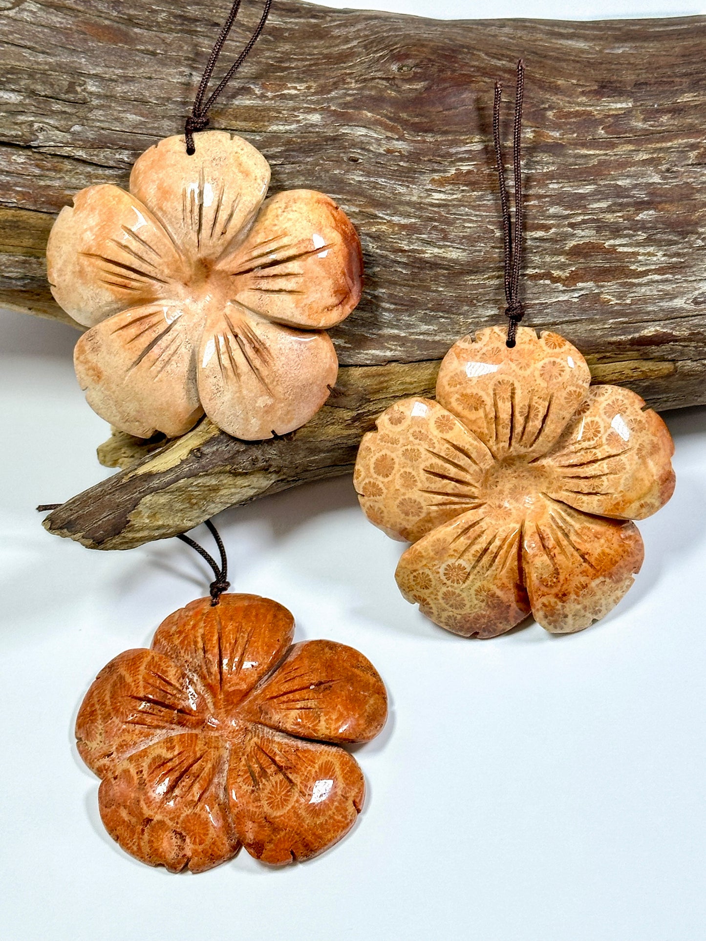 Hand Carved Natural Fossil Coral Gemstone Pendant 54mm Flower Shape, Beautiful Orange Red Beige Color Hand Carved Loose Fossil Coral Pendant