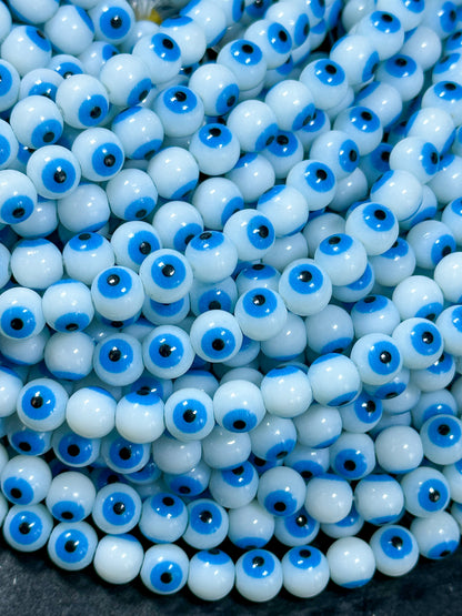 Beautiful Evil Eye Glass Beads 8mm Round Beads, Beautiful White with Blue Eyes Evil Eye Amulet Glass Beads, Full Strand Glass Beads