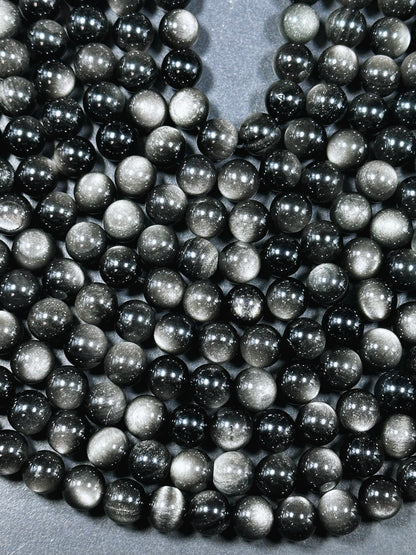 AAA Natural Silver Obsidian Gemstone Bead 6mm 8mm 10mm 12mm Round Bead, Gorgeous Black Silver Sheen Obsidian Beads, Excellent Quality Full Strand 15.5"