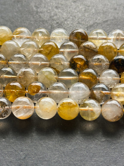 Natural Golden Healer Quartz Gemstone Bead 6mm 8mm 10mm Round Bead, Gorgeous Natural Golden Yellow Brown Clear Healer Rutilated Quartz 15.5"