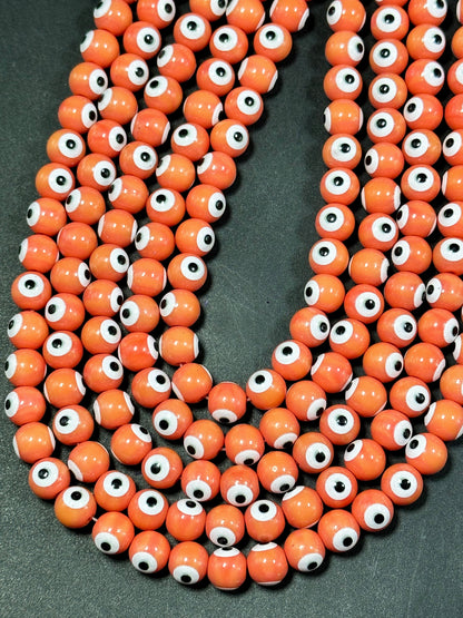 Beautiful Evil Eye Glass Beads 8mm Round Beads, Beautiful Orange Coral Color Evil Eye Amulet Glass Beads, Full Strand Glass Beads