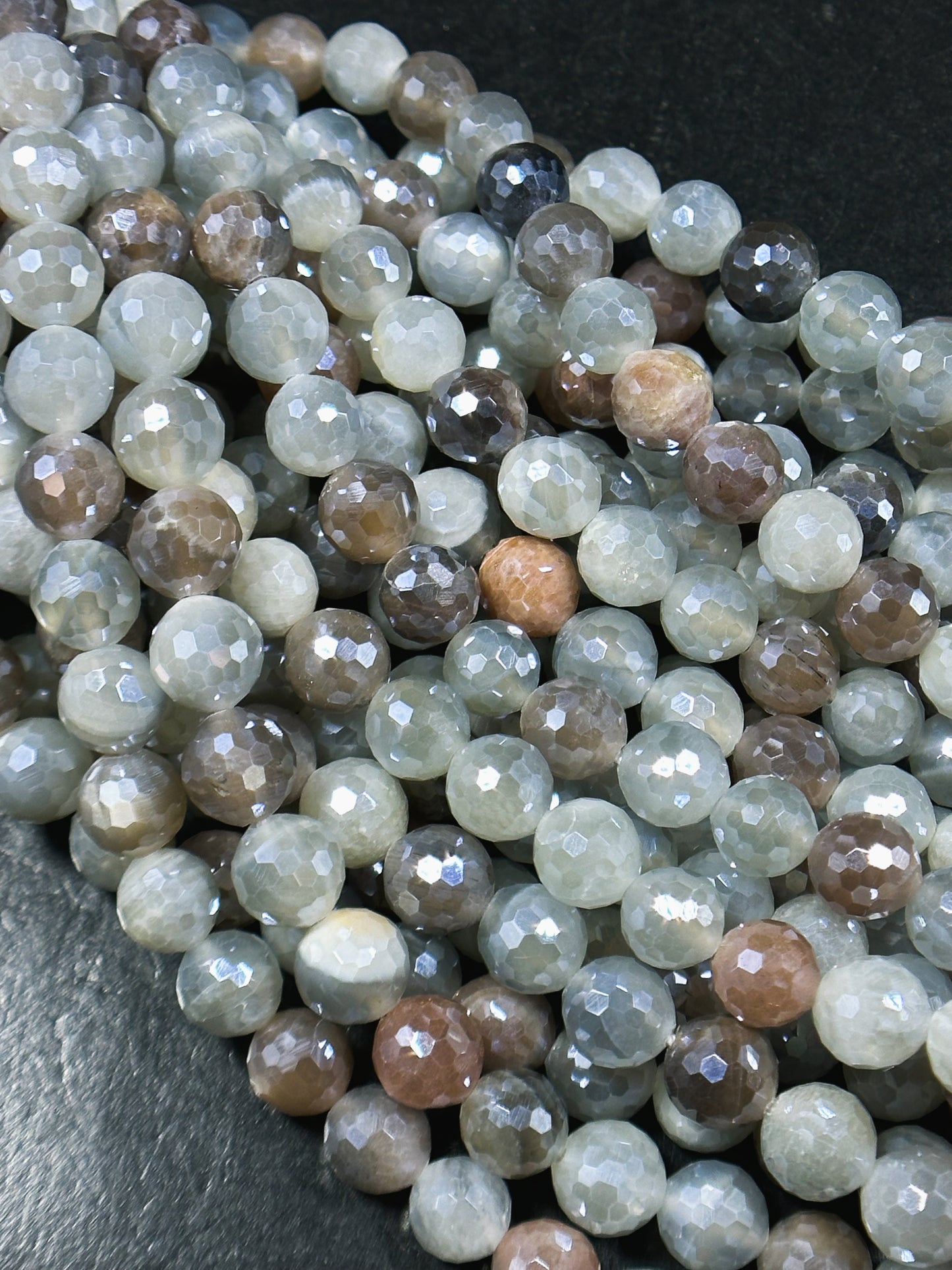 Mystic Natural Multi Moonstone Gemstone Bead Faceted 6mm 8mm Round Bead, Beautiful Gray Brown White Color Mystic Moonstone Bead 15.5" Strand