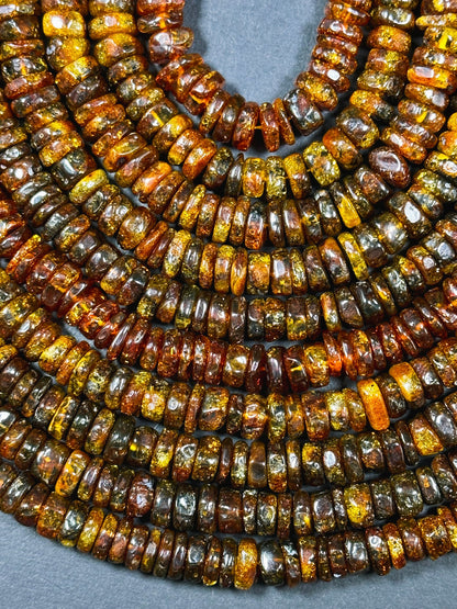 Natural Baltic Amber Gold Stone Bead 8-10mm Rondelle Shape, Beautiful Dark Golden Orange Color Baltic Amber Gold Succinite Beads, Great Quality Full Strand 15.5"