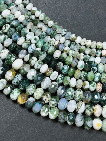 Natural Green Moss Agate Gemstone Bead Faceted Rondelle Shape Beads, Gorgeous Natural White Green Color Moss Agate Beads Full Strand 15.5"