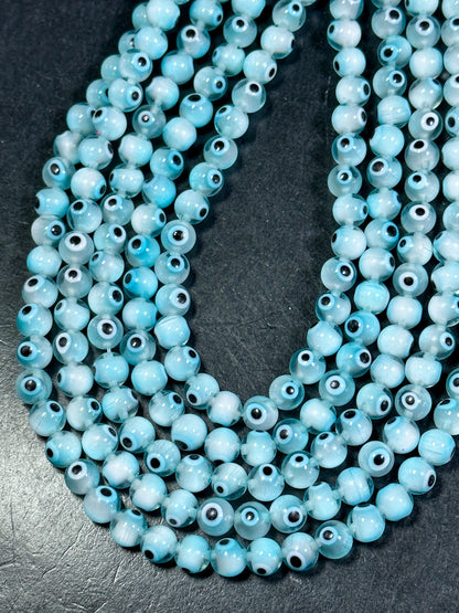 Beautiful Aqua Blue Evil Eye Glass Beads 8mm Round Beads, Beautiful Aqua Blue Clear Evil Eye Amulet Glass Beads, Full Strand Glass Beads