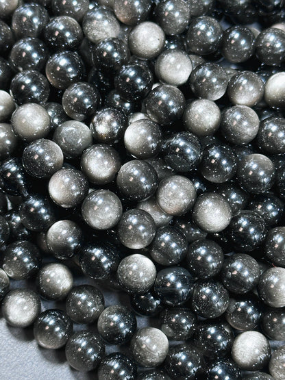 AAA Natural Silver Obsidian Gemstone Bead 6mm 8mm 10mm 12mm Round Bead, Gorgeous Black Silver Sheen Obsidian Beads, Excellent Quality Full Strand 15.5"