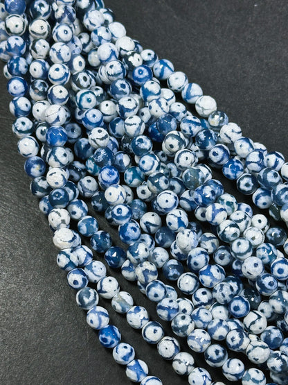 Natural Tibetan Agate Gemstone Bead Faceted 6mm Round Beads, Beautiful Hand Painted White Blue Color Eye Design Tibetan Bead Full 15" Strand