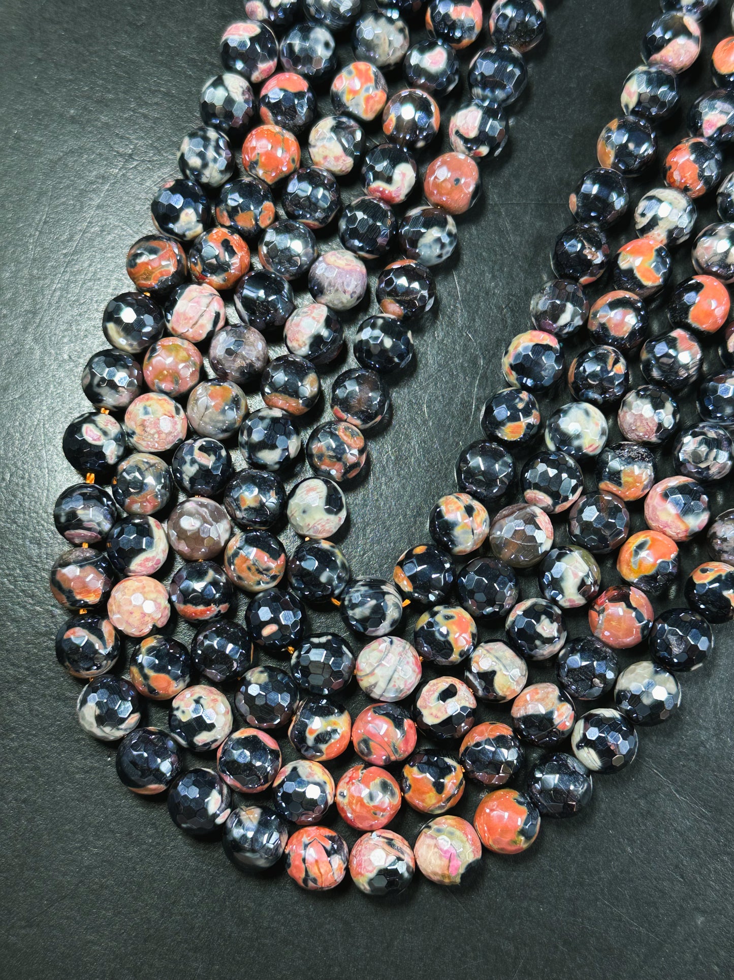 Mystic Natural Tibetan Agate Gemstone Bead Faceted 8mm 10mm Round Beads, Beautiful Mystic Orange Black Agate Stone Beads, Full Strand 15.5"