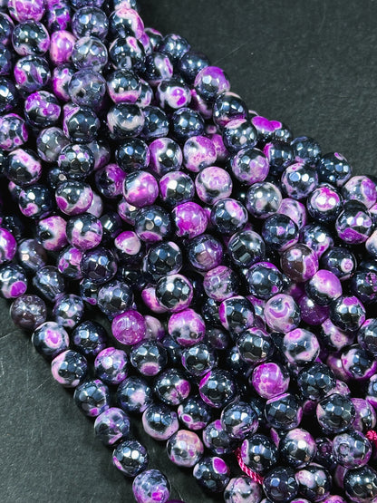 Mystic Natural Tibetan Agate Gemstone Bead Faceted 8mm 10mm Round Beads, Beautiful Mystic Black Pink Agate Stone Beads, Full Strand 15.5"