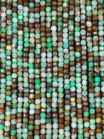 NATURAL Chrysoprase Gemstone Bead Faceted 3mm Cube Shape, Beautiful Natural Green Brown Color Chrysoprase Gemstone Beads Full Strand 15.5"