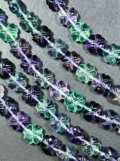 AAA Natural Fluorite Gemstone Bead, Hand Carved 12mm Flower Shape Bead, Beautiful Natural Purple Green Color Fluorite Bead Full Strand 15.5"