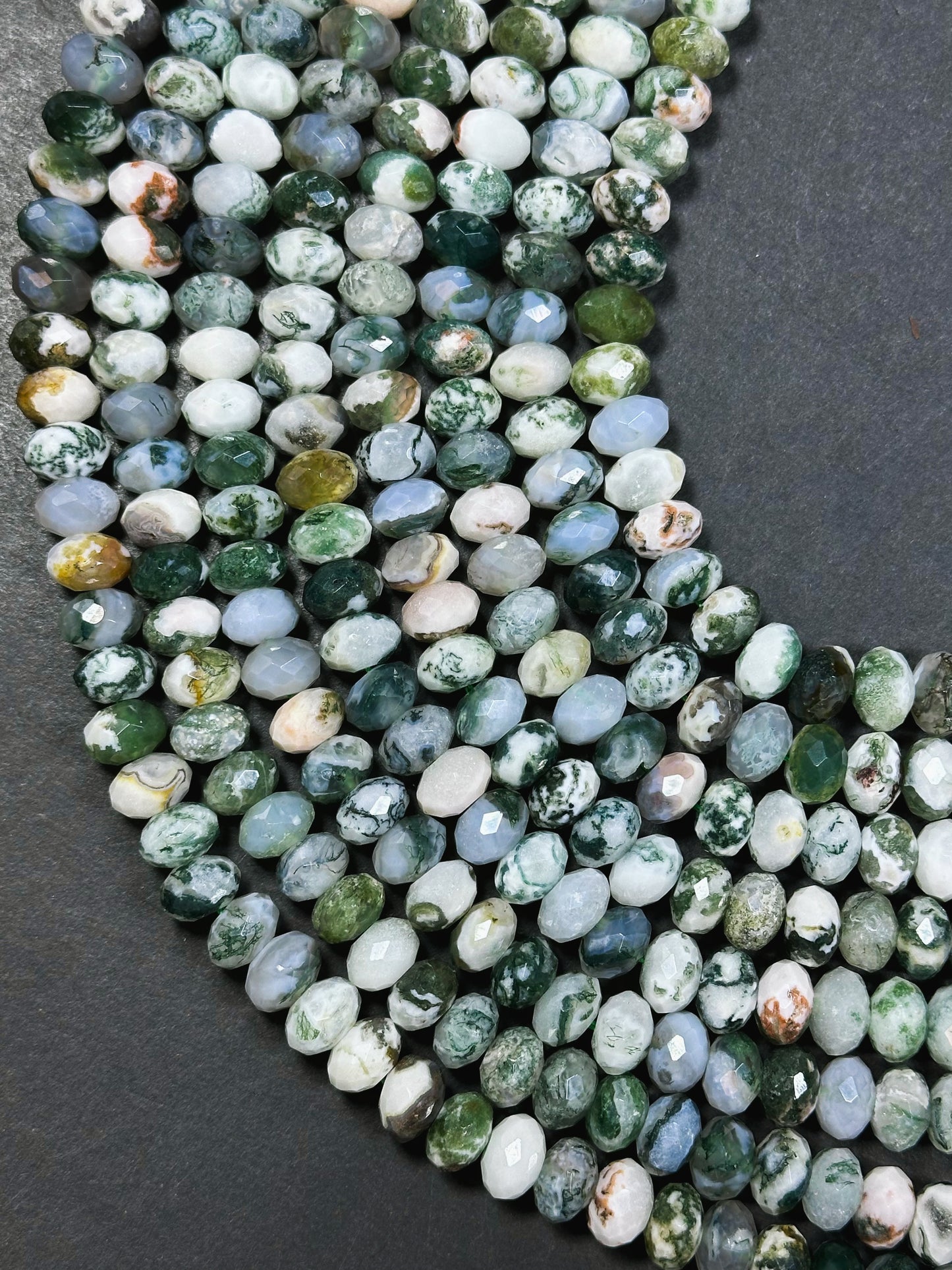 Natural Green Moss Agate Gemstone Bead Faceted Rondelle Shape Beads, Gorgeous Natural White Green Color Moss Agate Beads Full Strand 15.5"