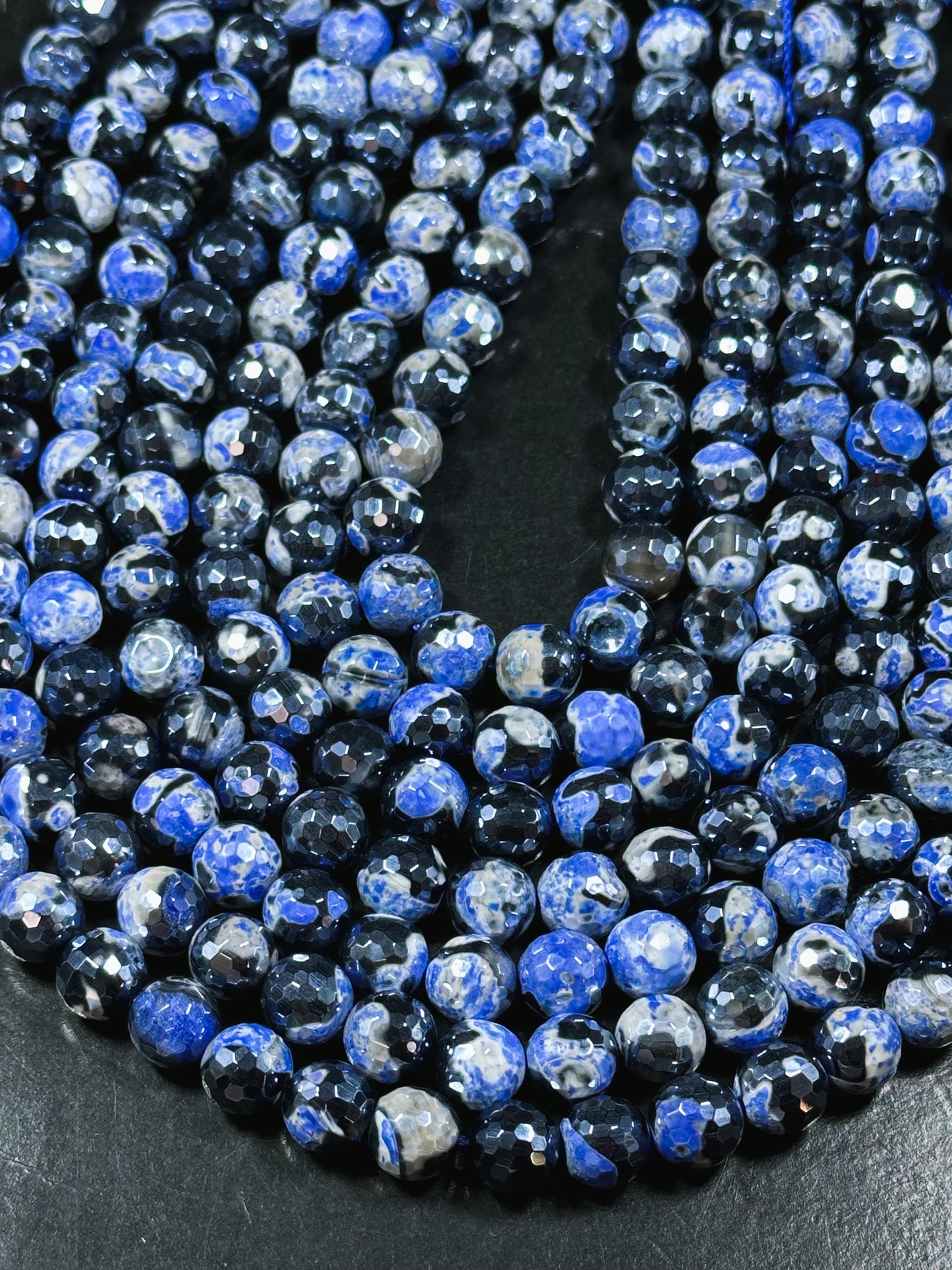 Mystic Natural Tibetan Agate Gemstone Bead Faceted 8mm 10mm Round Beads, Beautiful Mystic Blue Black Agate Stone Beads, Full Strand 15.5"