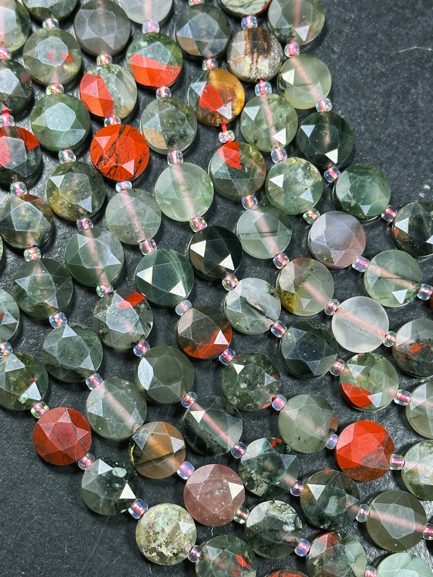 Natural African Bloodstone Gemstone Bead Faceted 10mm Coin Shape, Beautiful Natural Red Gray Green Color Bloodstone Bead, Full Strand 15.5"