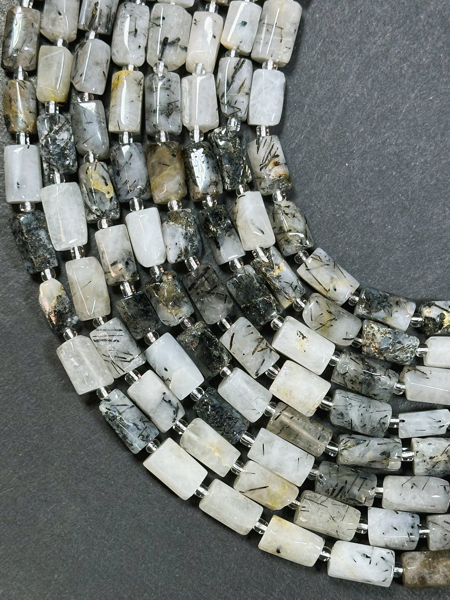 Natural Rutilated Quartz Gemstone Bead Faceted 12x8mm Tube Shape Bead, Beautiful Natural White Black Rutilated Quartz Bead Full Strand 15.5"