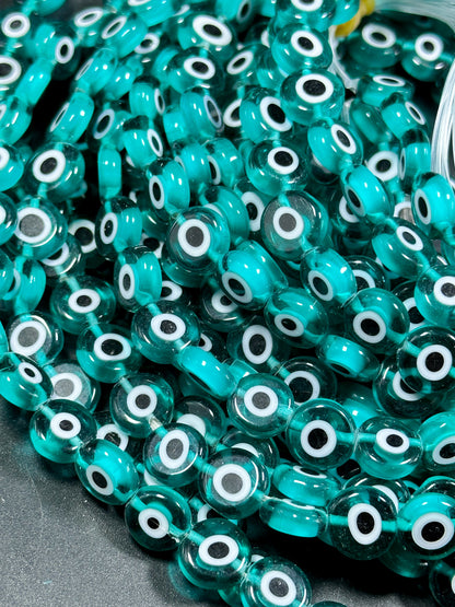 Beautiful Evil Eye Glass Beads 6mm 8mm 10mm Flat Coin Shape, Beautiful Turquoise Green Color Evil Eye Glass Beads, Religious Amulet Prayer Beads