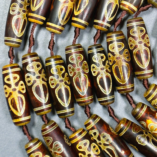 Natural Tibetan Gemstone Bead 39x14mm Barrel Shape Bead, Beautiful Brown Hand Painted Design Tibetan Beads, Great Quality Full Strand 15.5"