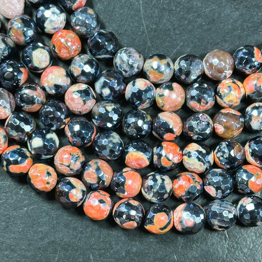 Mystic Natural Tibetan Agate Gemstone Bead Faceted 8mm 10mm Round Beads, Beautiful Mystic Orange Black Agate Stone Beads, Full Strand 15.5"