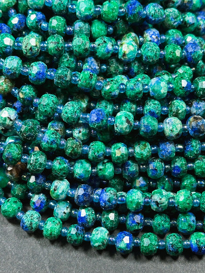 Natural Azurite Gemstone Faceted 8x6mm Rondelle Shape Beads, Beautiful Natural Green Blue Color Azurite Gemstone Beads Great Quality 15.5"