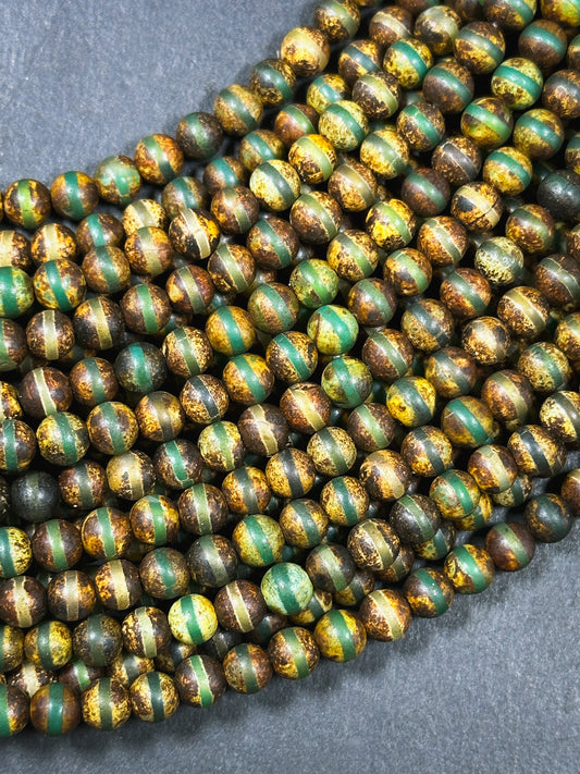 Natural Tibetan Agate Gemstone Bead 6mm Round Beads, Beautiful Brown Green Line Design Tibetan Agate Gemstone Beads, Full Strand 15.5”