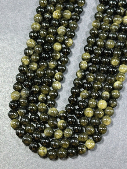 AAA Natural Gold Obsidian Gemstone Bead 6mm 8mm 10mm 12mm Round Bead, Gorgeous Black Gold Sheen Obsidian Bead, Excellent Quality Full Strand 15.5