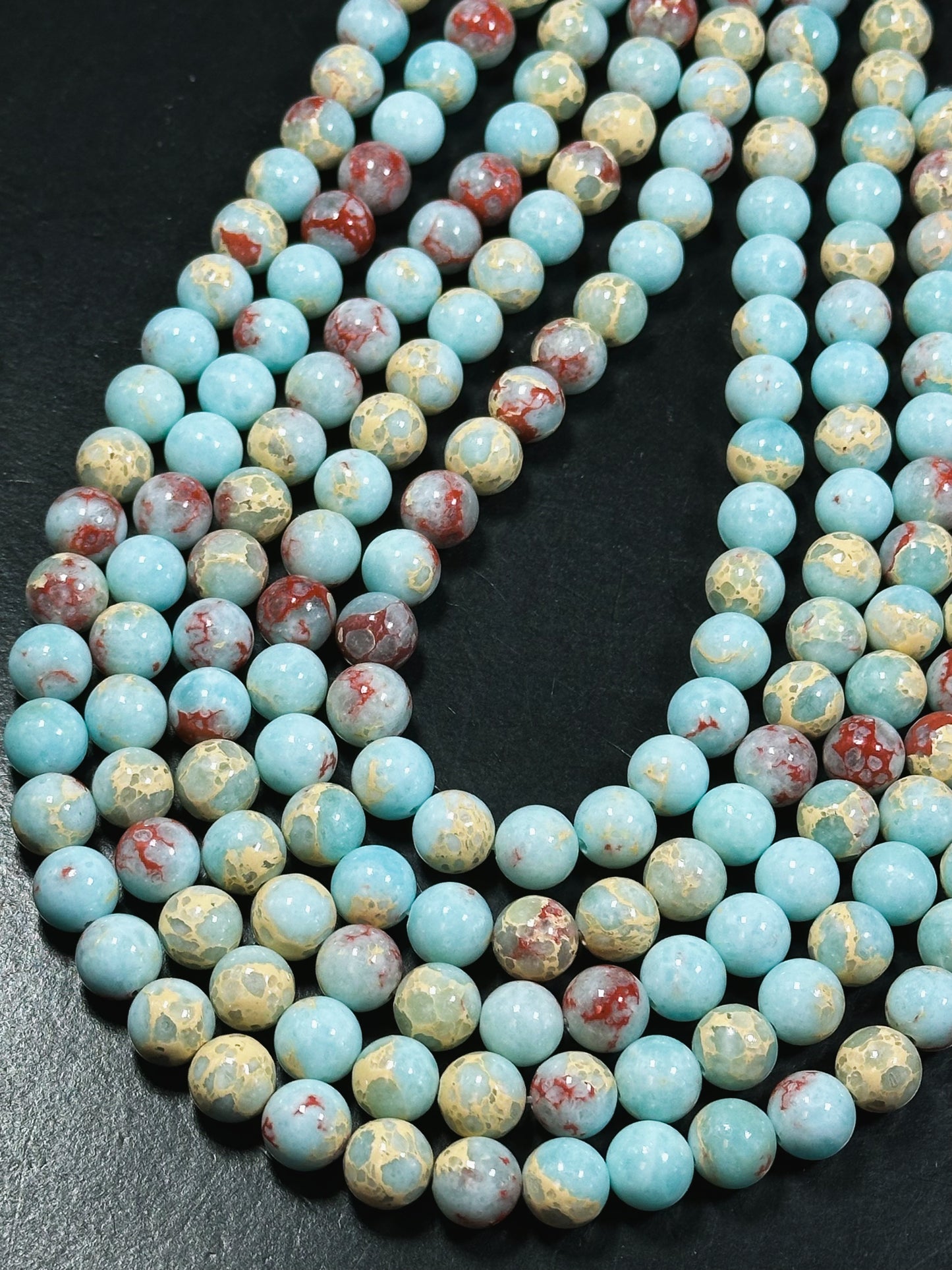 Natural Sea Sediment Jasper Gemstone Bead 6mm 8mm 10mm Round Beads, Beautiful Blue Red Beige Color Imperial Jasper Beads Full Strand 15.5"