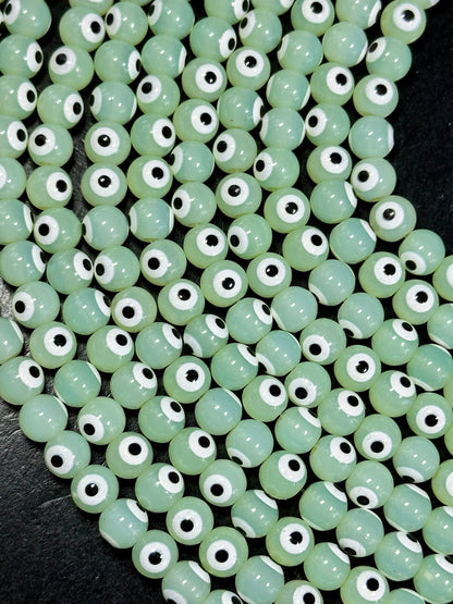 Beautiful Light Green Evil Eye Glass Beads 6mm 8mm Round Beads, Beautiful Light Green Evil Eye Amulet Glass Beads, Full Strand Glass Beads