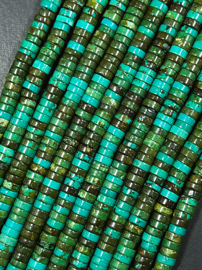 Natural Chinese Turquoise Gemstone Bead 8x3mm Heishi Shape, Beautiful Green Blue Brown Color Turquoise Beads, Great Quality 15.5" Strand