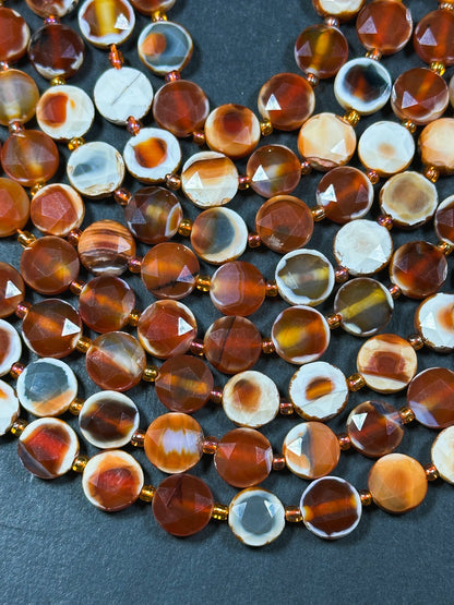 Natural Red Carnelian with Orca Agate Gemstone Bead Faceted 10mm Coin Shape Beads, Beautiful Natural Red Orange Color Carnelian Beads 15.5"