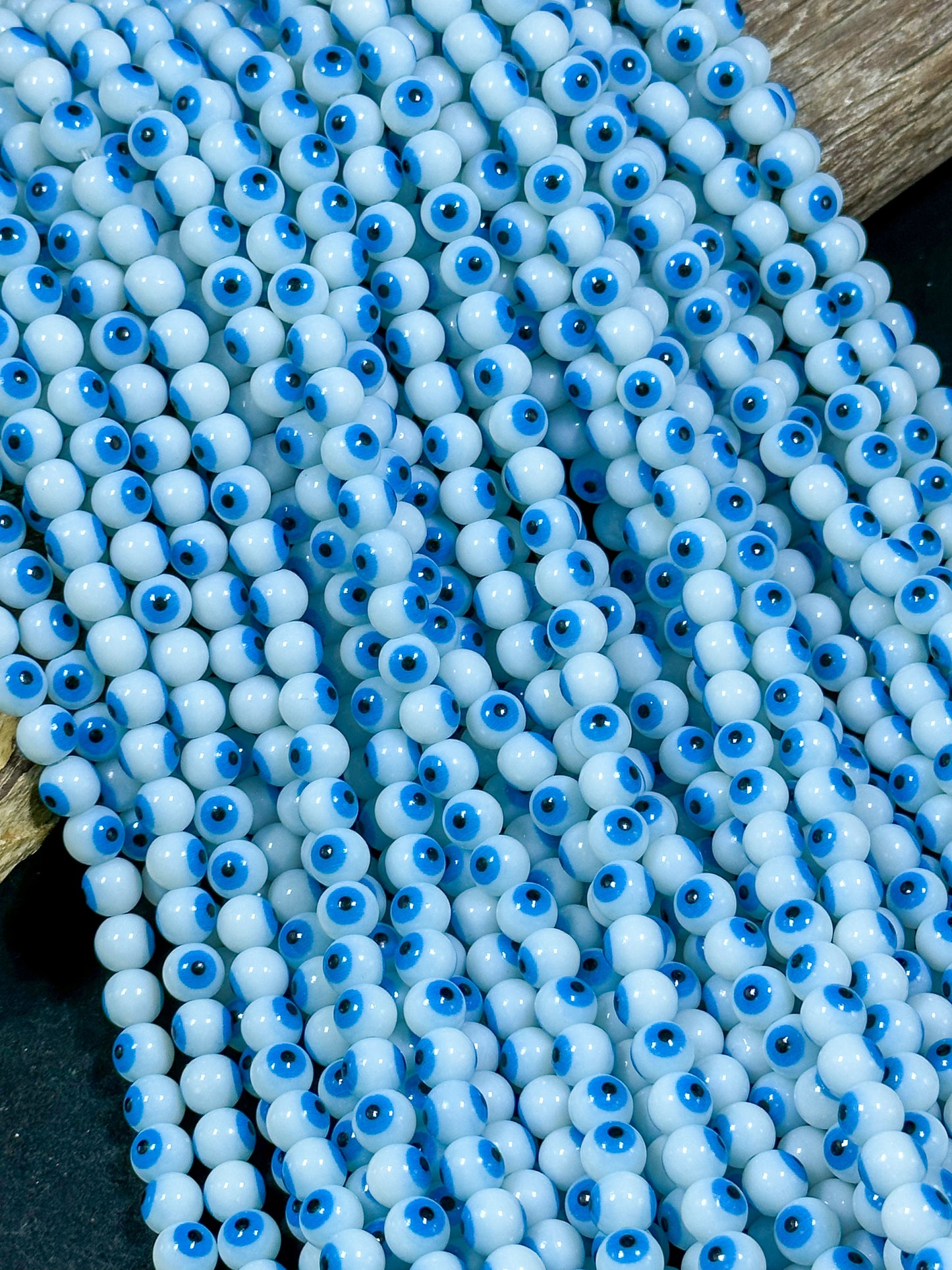 Beautiful Evil Eye Glass Beads 8mm Round Beads, Beautiful White with Blue Eyes Evil Eye Amulet Glass Beads, Full Strand Glass Beads