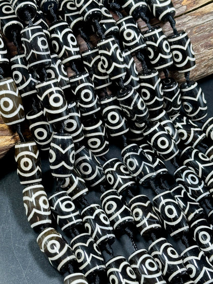 Natural Tibetan Gemstone Bead 24x14mm Barrel Shape Bead, Beautiful Black White Color Hand Painted Design Tibetan Gemstone Bead Great Quality