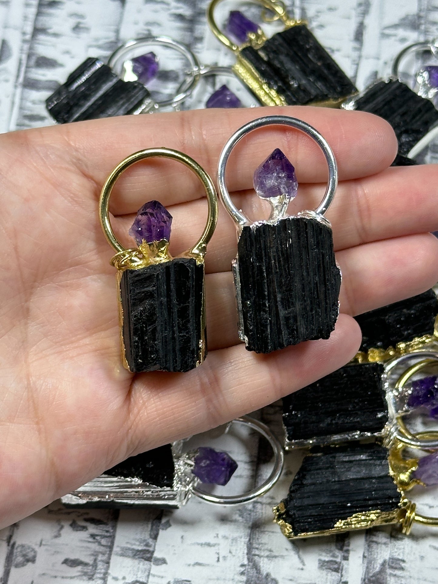 Natural Raw Black Tourmaline with Purple Amethyst Nugget Charm Pendant, Freeform Raw Tourmaline Amethyst Plated Edges Charm Pendant (1pc)