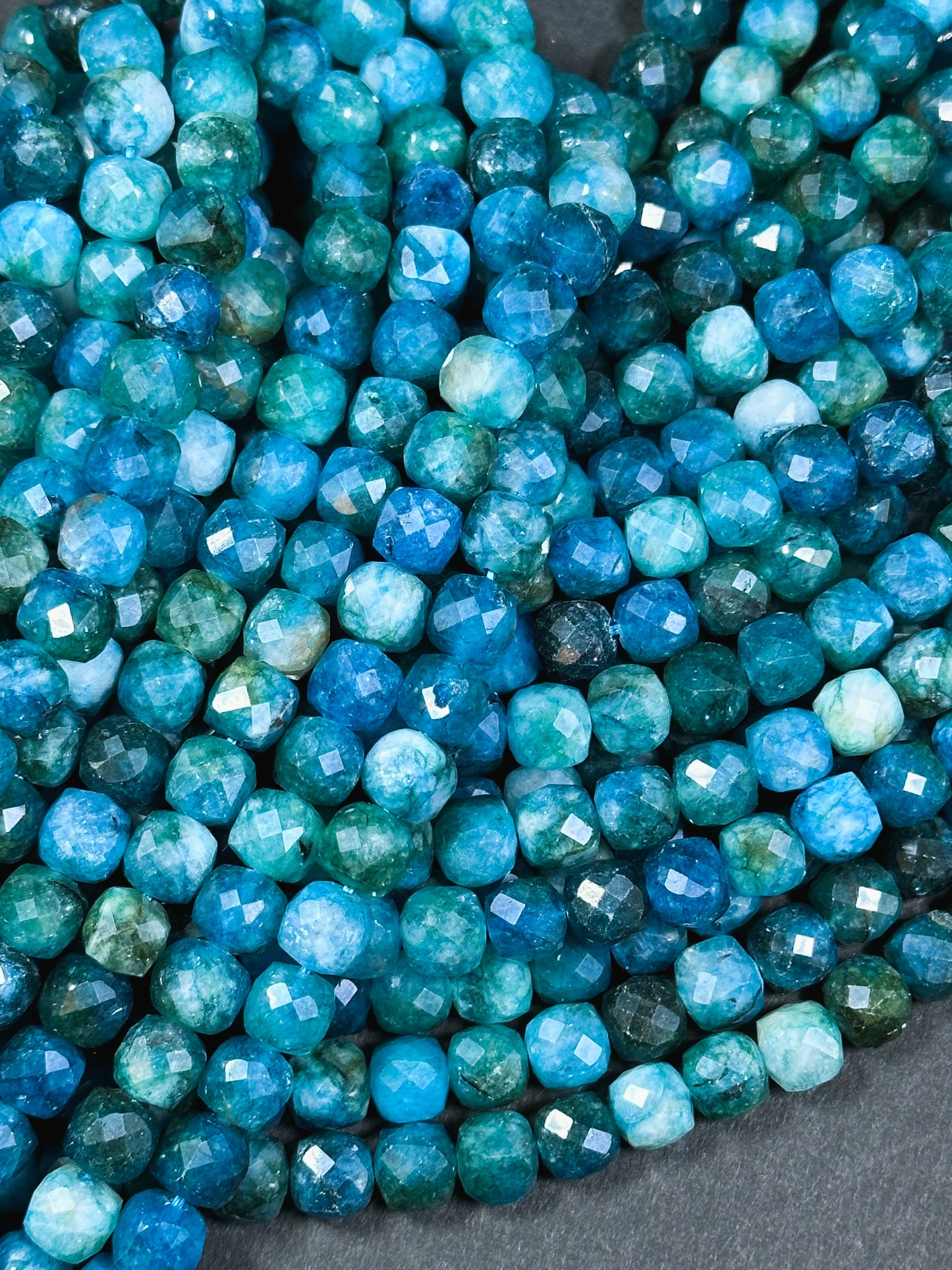 AAA Natural Apatite Gemstone Bead Faceted 7mm 9mm Round Edge Cube Shape Bead, Beautiful Natural Blue Color Apatite Full Strand 15.5"