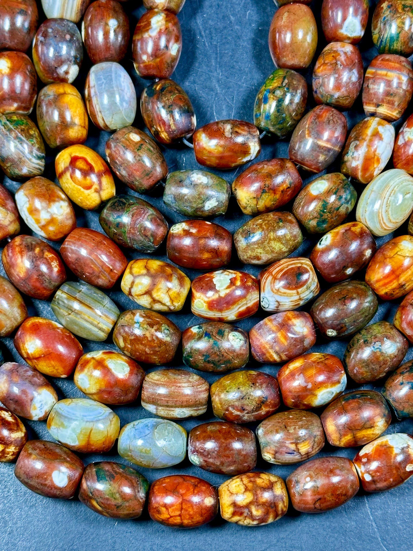 AAA NATURAL Tibetan Gemstone Bead 13x10mm Barrel Shape Bead, Gorgeous Multicolor Brown Orange Blue Color Tibetan Stone Beads Full Strand