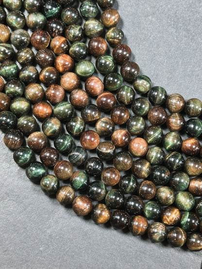 Natural Multicolor Tiger Eye Gemstone 8mm 10mm Round Beads, Gorgeous Multicolor Brown Navy Turquoise Color Tiger Eye Gemstone Beads 15.5"