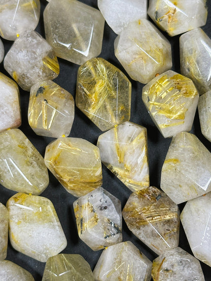 Natural Gold Rutilated Quartz Gemstone Bead Faceted Freeform Nugget Shape, Beautiful Golden Yellow Color Quartz, Great Quality Full Strand