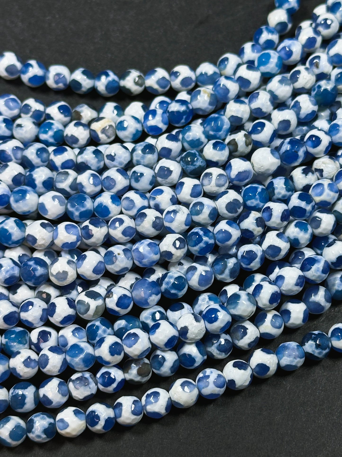 Natural Tibetan Agate Gemstone Bead Faceted 6mm Round Beads, Beautiful Hand Painted White Blue Soccer Ball Design Agate Bead Full 15" Strand