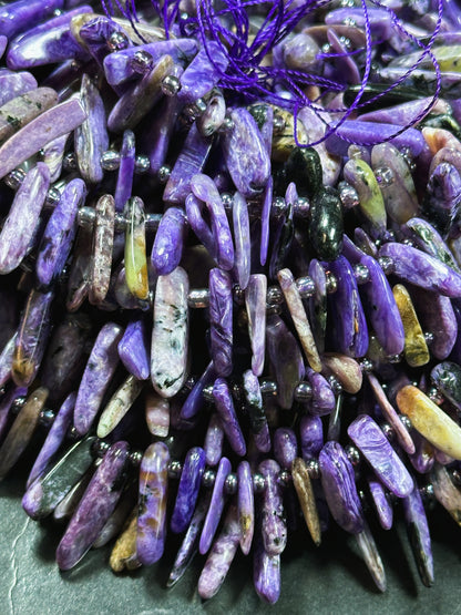 Natural Charoite Gemstone Bead Graduated Stick Shape, Beautiful Natural Purple Black Color Charoite Beads, Great Quality Full Strand 15.5"