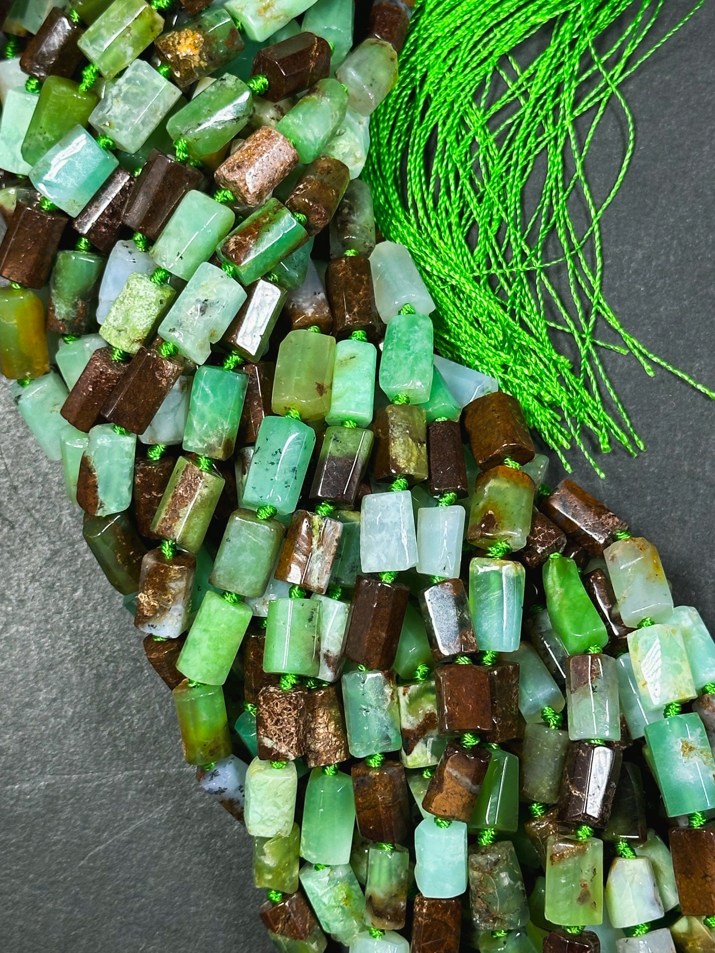 Natural Chrysoprase Gemstone Bead Faceted 12x8mm Tube Shape Bead, Beautiful Natural Green Brown Color Chrysoprase Beads, Full Strand 15.5"