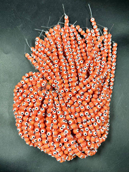 Beautiful Evil Eye Glass Beads 8mm Round Beads, Beautiful Orange Coral Color Evil Eye Amulet Glass Beads, Full Strand Glass Beads