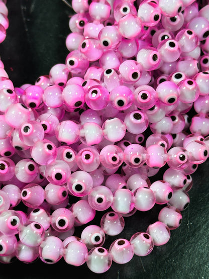 Beautiful Pink Evil Eye Glass Beads 4mm 6mm 8mm Round Beads, Beautiful Pink Clear Evil Eye Amulet Glass Beads, Full Strand Glass Beads