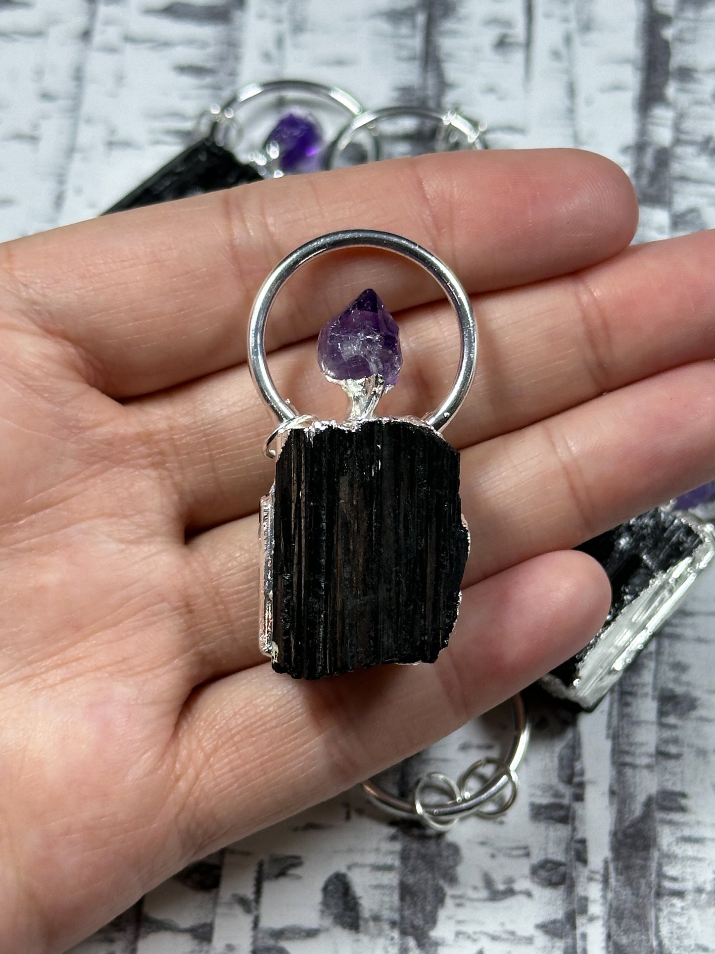 Natural Raw Black Tourmaline with Purple Amethyst Nugget Charm Pendant, Freeform Raw Tourmaline Amethyst Plated Edges Charm Pendant (1pc)