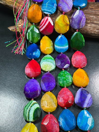 Natural Dragon Skin Agate Gemstone Bead Faceted 36x30mm Teardrop Shape, Beautiful Multicolor Rainbow Dragon Skin Agate Beads, 15.5" Strand