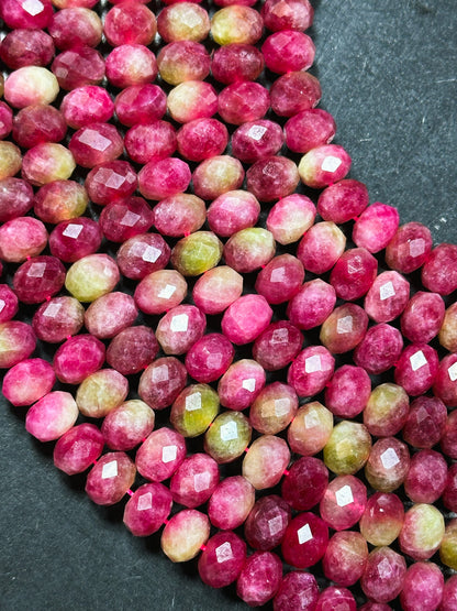 Natural Watermelon Tourmaline Quartz Gemstone Bead Faceted 10x7mm Rondelle Shape, Beautiful Red Pink Green Color Stone Bead, 15.5" Strand