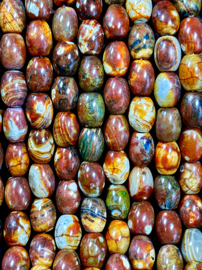 AAA NATURAL Tibetan Gemstone Bead 13x10mm Barrel Shape Bead, Gorgeous Multicolor Brown Orange Blue Color Tibetan Stone Beads Full Strand