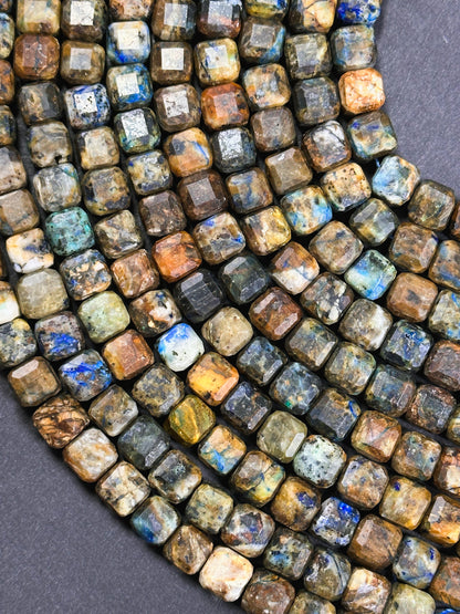 Natural Chrysocolla Gemstone Bead Faceted 7-8mm Cube Shape, Beautiful Brown Blue Color Chrysocolla Beads Full Strand 15.5"