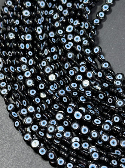 Beautiful Evil Eye Glass Bead 6mm Flat Coin Shape, Beautiful Black Color with BLUE Eyes Evil Eye Glass Beads, Religious Amulet Prayer Beads