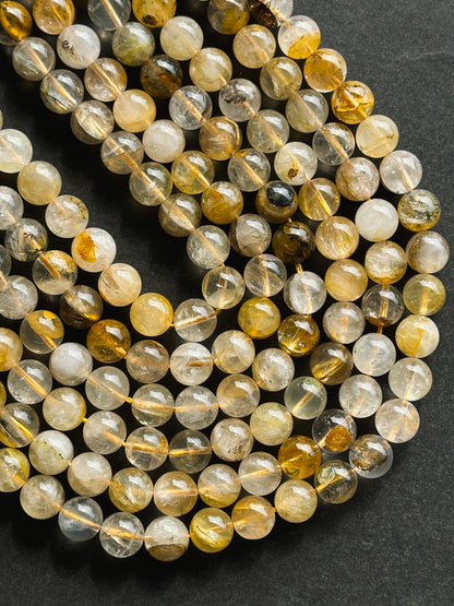 Natural Golden Healer Quartz Gemstone Bead 6mm 8mm 10mm Round Bead, Gorgeous Natural Golden Yellow Brown Clear Healer Rutilated Quartz 15.5"